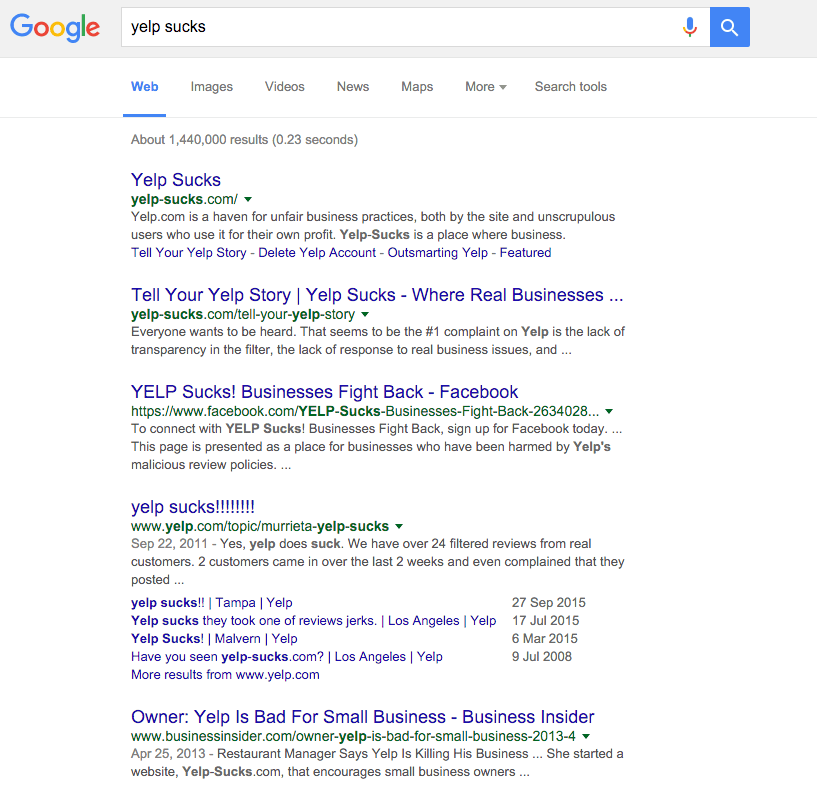 Google search result of "yelp sucks"