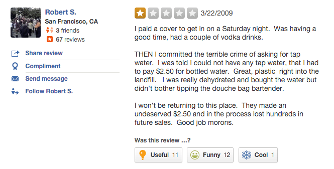 bad review from Yelp with absurd reasoning