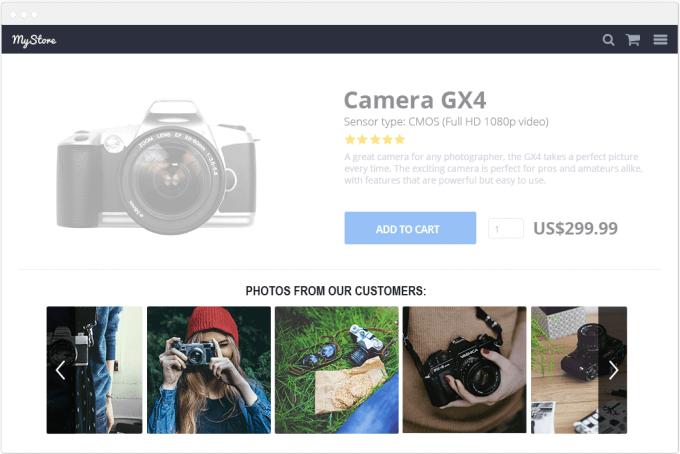eCommerce website merchandising example with customer photo