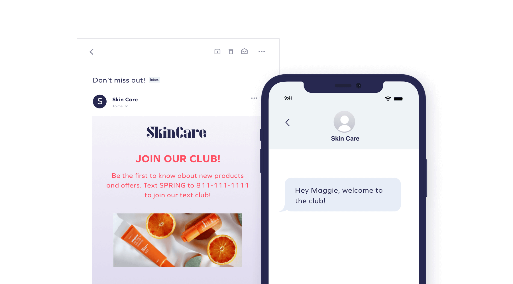 An email and SMS marketing message side by side