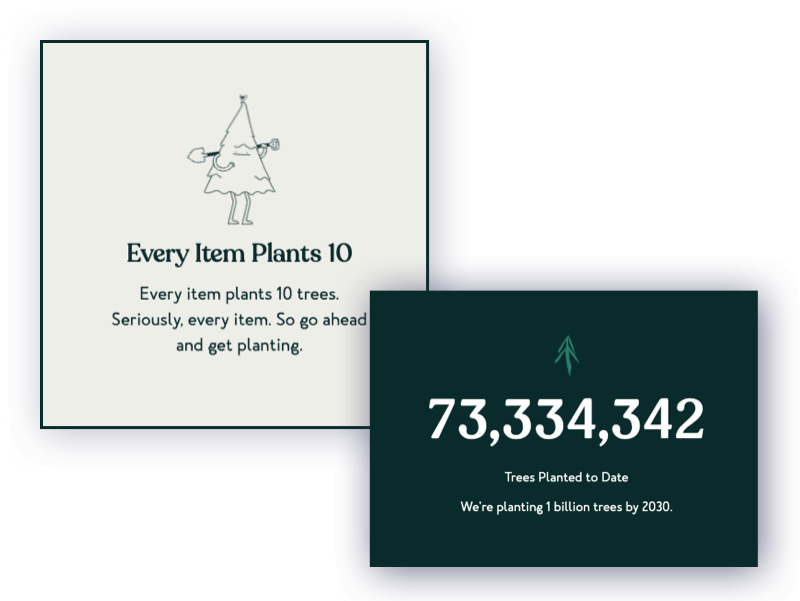 Tentree tree planting counter with every purchase. 73,334,342 trees planted so far. 