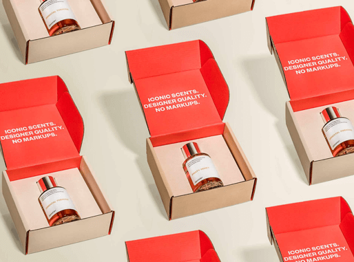 Perfume bottles in branded packaging